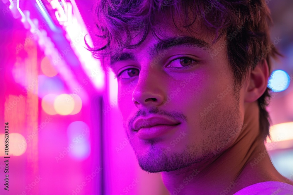 Portrait of young man in neon lights embracing futuristic urban vibe Portrait of young man in neon lights embracing futuristic urban vibe