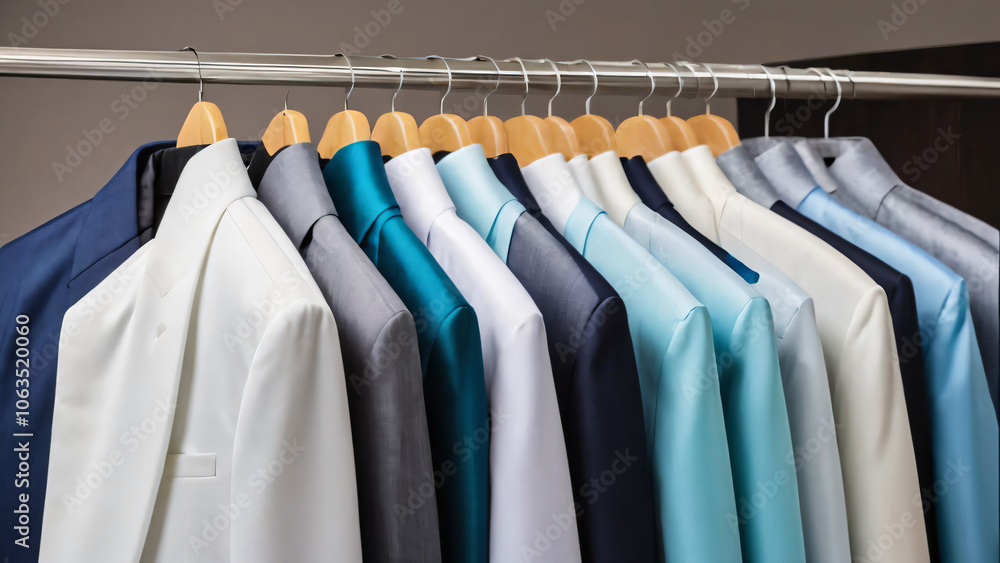 Elegant Men's Suits Hanging on Wooden Hangers Elegant Men's Suits Hanging on Wooden Hangers