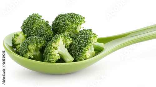 A vibrant green spoonful of fresh broccoli emphasizes the healthy food concept, perfect for portraying nutritious eating with plenty of photo space available. photo