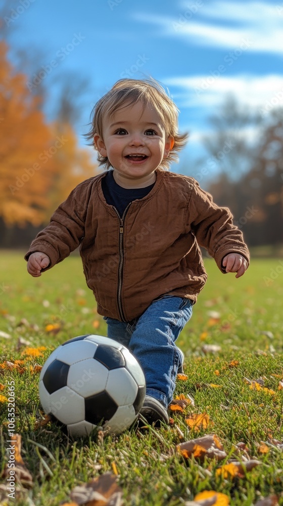 Joyful little boy, toddler in brown jacket playing with soccer ball on grassy field surrounded by autumn foliage. Joyful little boy, toddler in brown jacket playing with soccer ball on grassy field surrounded by autumn foliage.