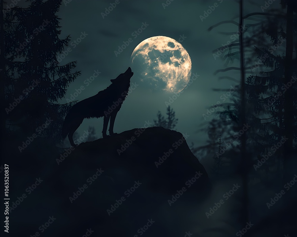 Lone Wolf Howling at Glowing Moon in Dark Forest Silhouette Lone Wolf Howling at Glowing Moon in Dark Forest Silhouette
