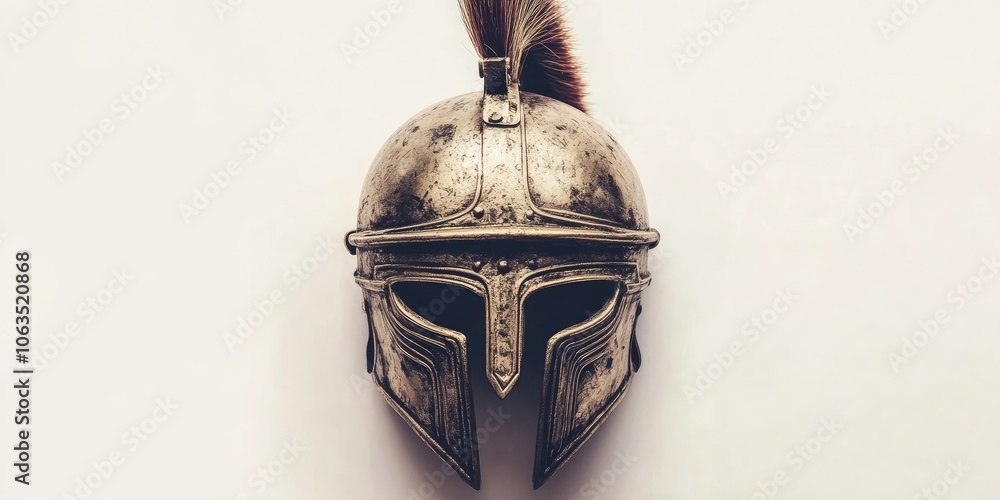 Fototapeta premium A Roman gladiator helmet set against a clean white backdrop. This helmet represents the fierce warriors of ancient Rome, embodying strength and valor.