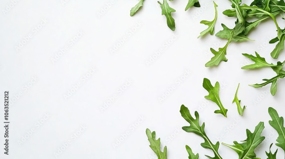 Arugula leaves displayed on a clean white background, emphasizing the vibrant green color of fresh arugula leaves with ample copy space for your design needs.