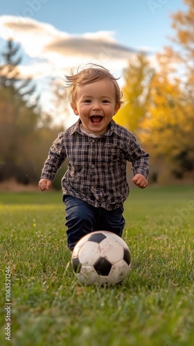 Cheerful toddler, boy in checkered shirt, running with soccer ball in autumnal park setting.