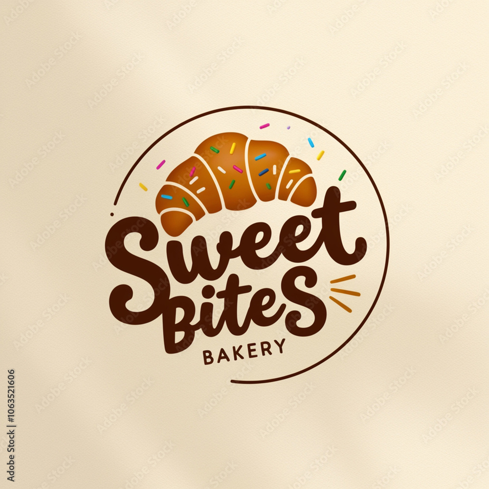 Fototapeta premium A whimsical logo for Sweet Bites Bakery featuring a stylized, golden-brown pastry, possibly a croissant or cupcake, adorned with colorful sprinkles generated With AI Image