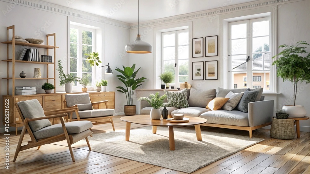 Scandinavian living room with white walls and wooden furniture Scandinavian living room with white walls and wooden furniture