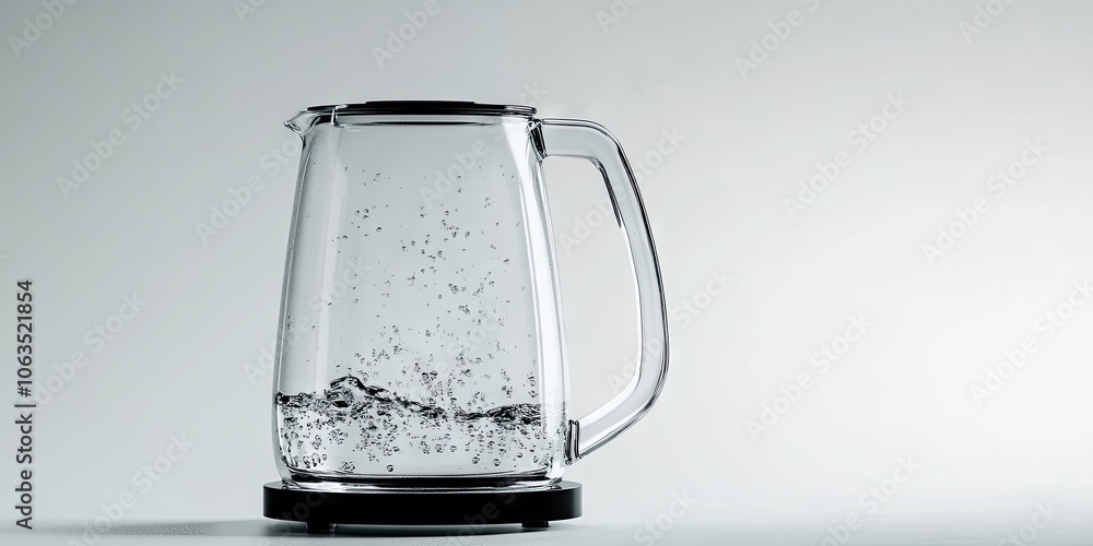 An electric kettle filled with fresh water is activated, set against a simple white backdrop. The kettle stands out as it heats the water in its clear surroundings. An electric kettle filled with fresh water is activated, set against a simple white backdrop. The kettle stands out as it heats the water in its clear surroundings.