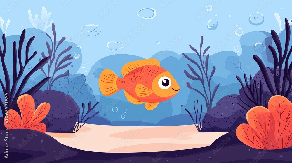 Naklejka premium A colorful cartoon goldfish swims peacefully through underwater plants and corals in a vibrant aquatic scene.