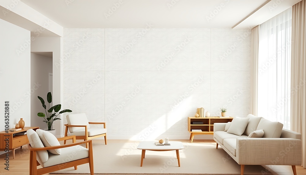 A serene, minimalist living room with a subtle geometric patterned wallpaper featuring intricate, repeating shapes in a soothing color palette of pale blues and creamy whites. A serene, minimalist living room with a subtle geometric patterned wallpaper featuring intricate, repeating shapes in a soothing color palette of pale blues and creamy whites.