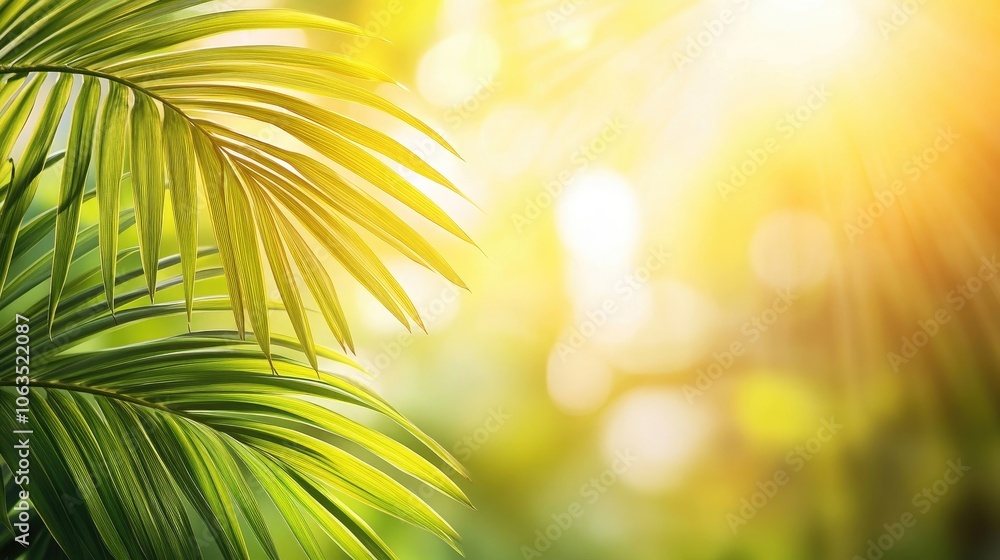 Obraz premium Sunlight radiates through tropical palm leaves, creating a warm and inviting atmosphere. The tropical palm leaves provide a perfect backdrop with ample copy space for design.