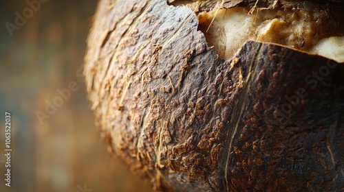 Closeup of a very old leafy coconut head prepared for toasting, highlighting the unique texture and details of this coconut. Ideal for delicious culinary photography with ample copy space. photo