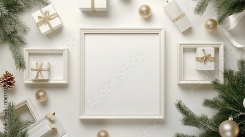 White wooden frame designed with square and round elements for displaying handmade crafts. Ideal for winter festive home decorations, offering a charming touch and ample copy space. photo