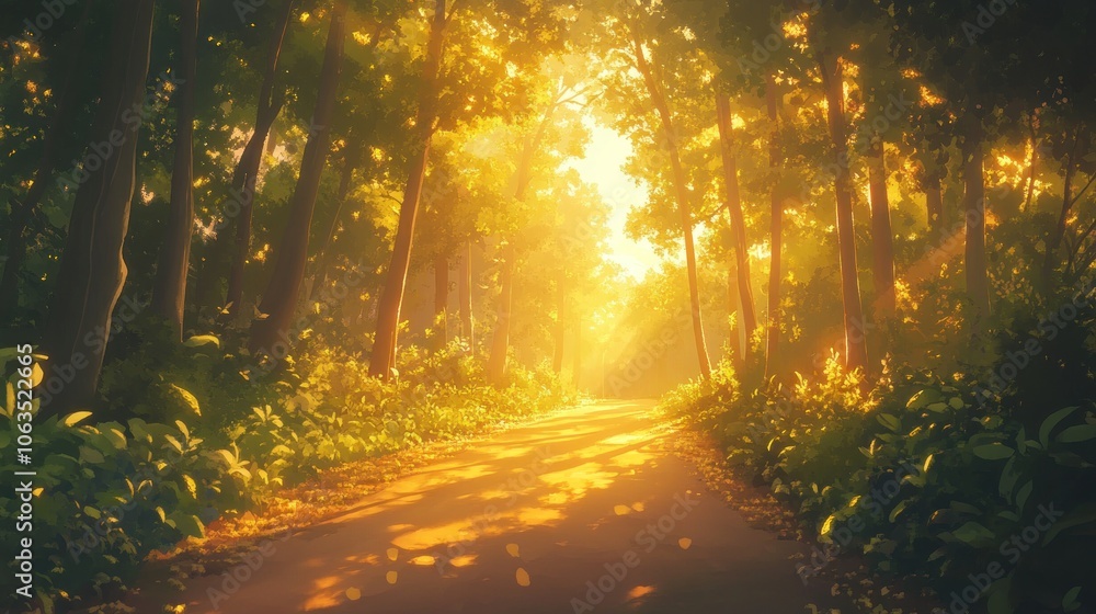 A sunlit path through a dense forest with light streaming through the trees. A sunlit path through a dense forest with light streaming through the trees.