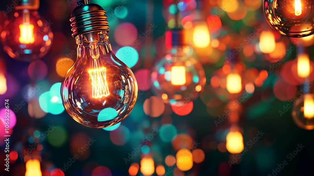 A close-up of a lit lightbulb hanging among a string of other bulbs, creating a warm and inviting atmosphere A close-up of a lit lightbulb hanging among a string of other bulbs, creating a warm and inviting atmosphere