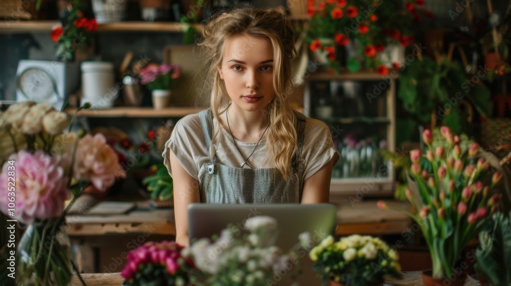 A female florist works on her laptop at a counter in a plant nursery, surrounded by vibrant flowers and greenery, creating a lush, calm environment. A female florist works on her laptop at a counter in a plant nursery, surrounded by vibrant flowers and greenery, creating a lush, calm environment.