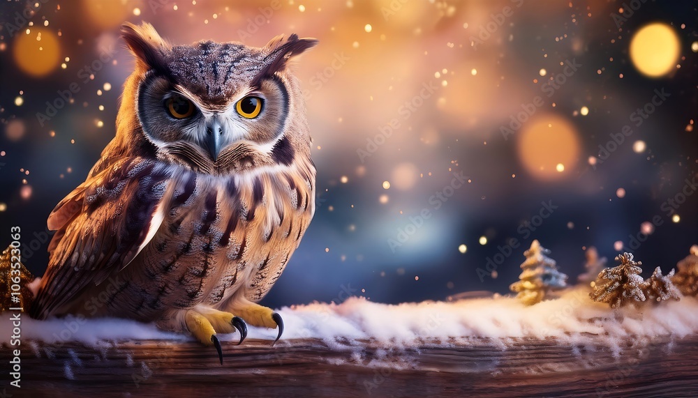Charming owl perched on a wooden plank in a festive Christmas setting with glowing blue lights. Generative AI Charming owl perched on a wooden plank in a festive Christmas setting with glowing blue lights. Generative AI