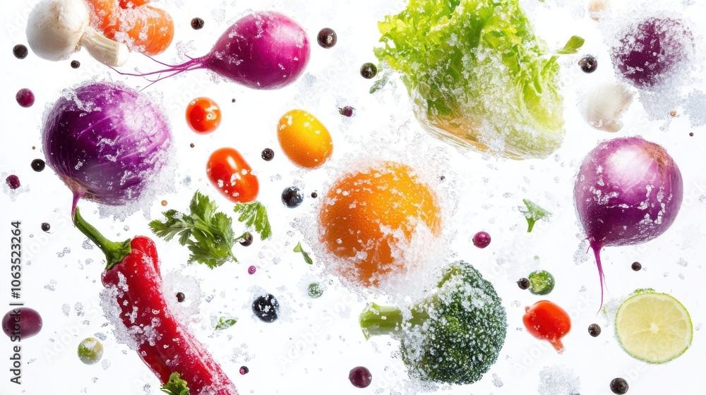 A variety of frozen vegetables falling mid-air, vibrant in color A variety of frozen vegetables falling mid-air, vibrant in color