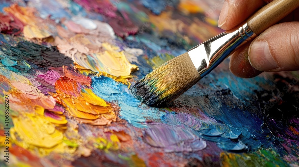 Obraz premium A close-up of a painters hand gripping a paintbrush, passionately crafting art in a moment of emotional solitude, with ample copy space for text or designs.