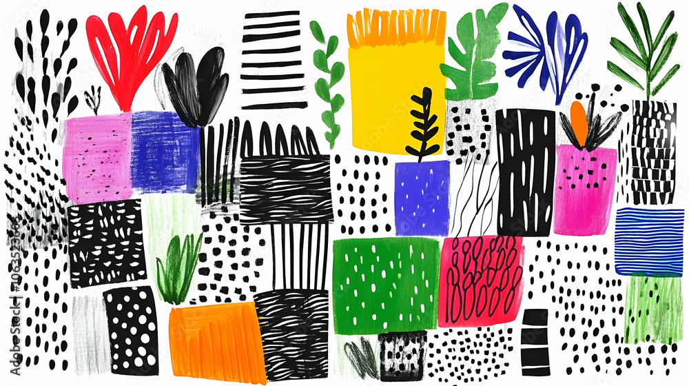 Abstract Colorful Pattern with Geometric Shapes and Plants, leaves, black, white, red, orange Abstract Colorful Pattern with Geometric Shapes and Plants, leaves, black, white, red, orange