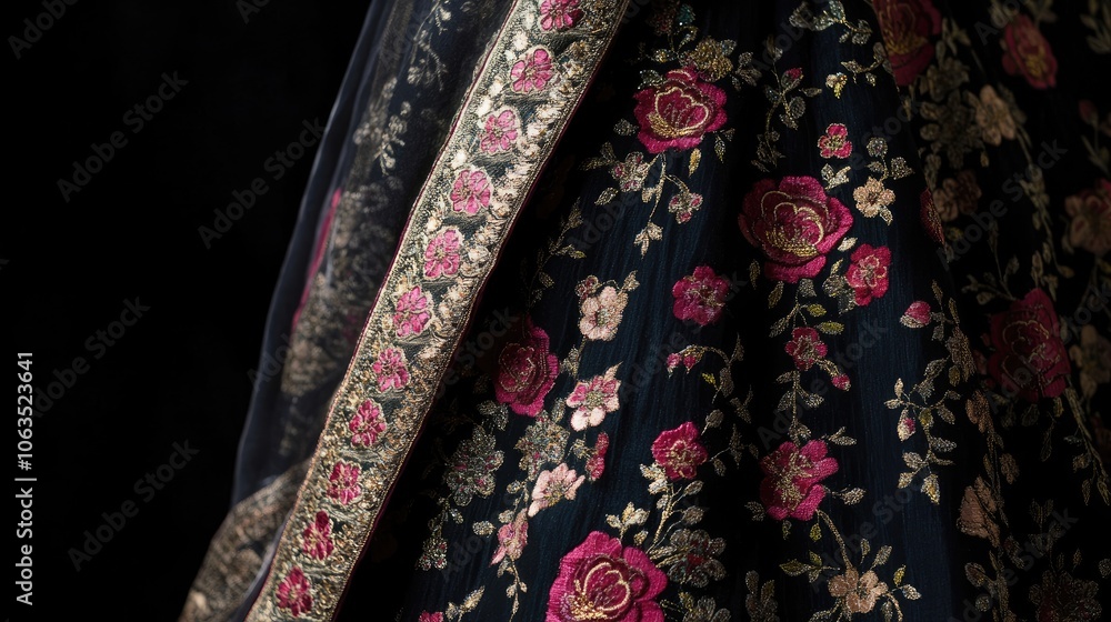 Radiant brocade lehenga adorned with intricate floral designs on a striking black background, perfect for capturing elegance and style. Ample photo space available for your needs. Radiant brocade lehenga adorned with intricate floral designs on a striking black background, perfect for capturing elegance and style. Ample photo space available for your needs.