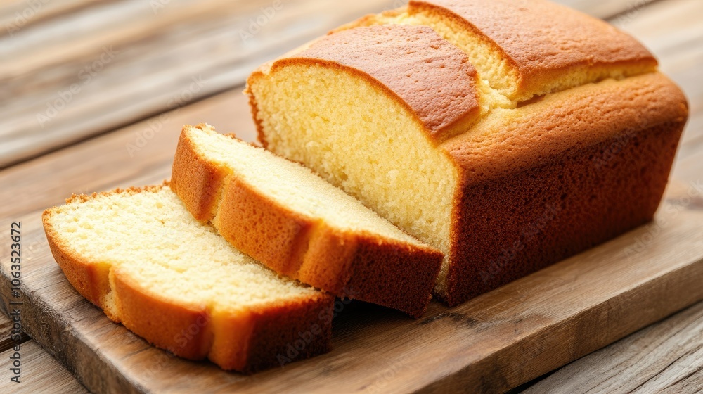 Freshly Baked Loaf of Yellow Cake Bread on Wooden Board Freshly Baked Loaf of Yellow Cake Bread on Wooden Board