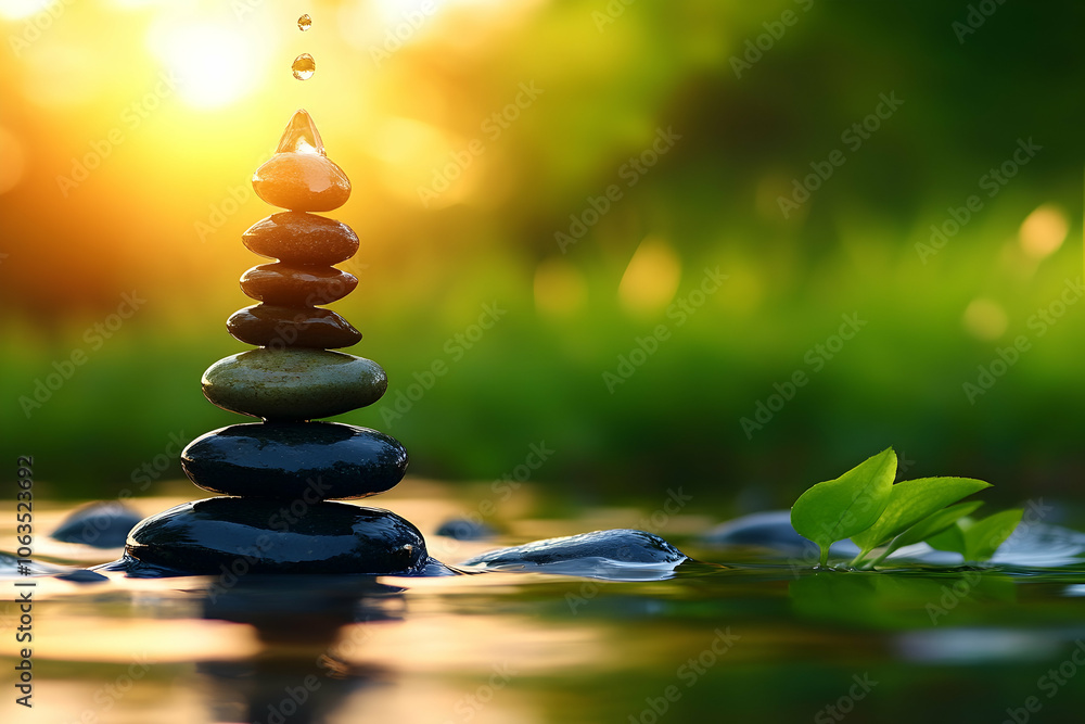 Stacked Stones in Water with Green Leaves, zen, meditation, relaxation, mindfulness, balance Stacked Stones in Water with Green Leaves, zen, meditation, relaxation, mindfulness, balance