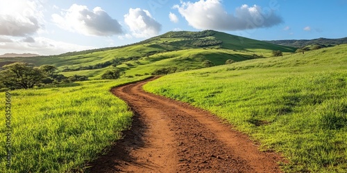 A dirt pathway winds its way into a vibrant, lush green field, inviting you to explore the natural beauty and tranquility of the surrounding landscape.