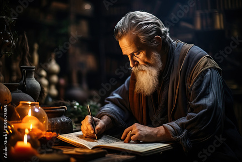 A male researcher sits in his old laboratory and makes notes in a book.