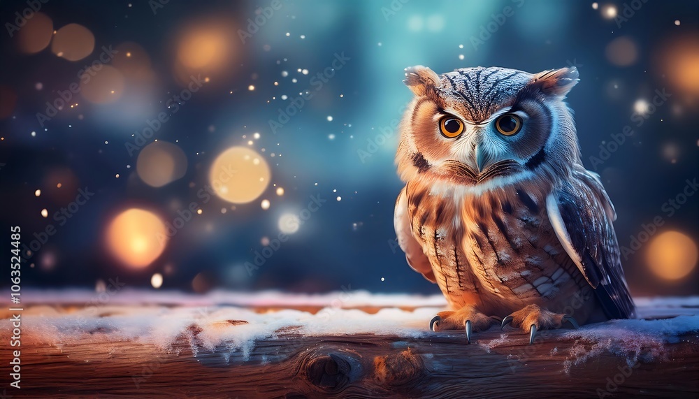Charming owl perched on a wooden plank during a magical Christmas night illuminated by blue glow. Generative AI