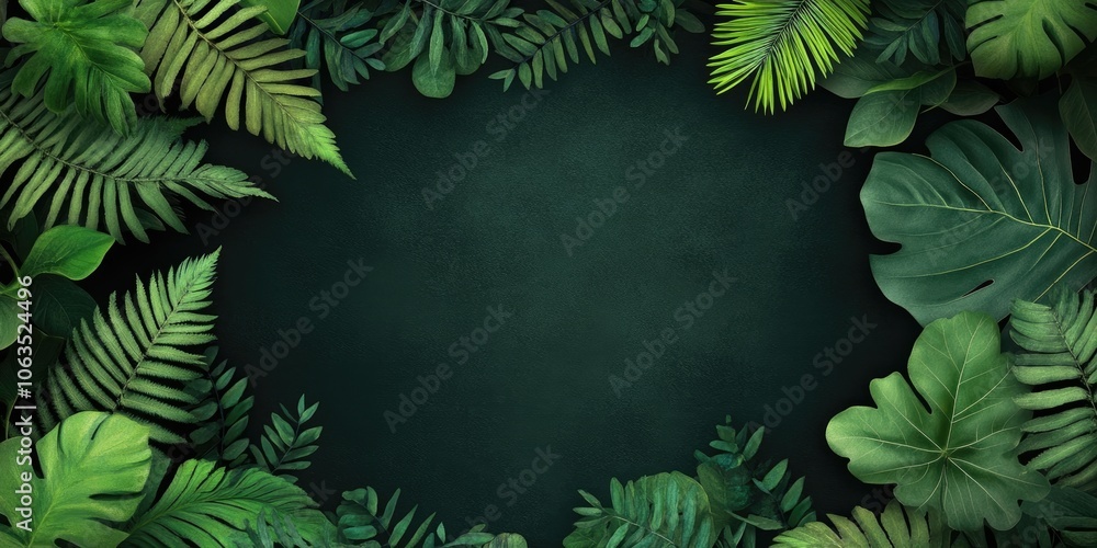 A vacant frame surrounded by green foliage set against a dark green backdrop. The contrast highlights the vibrant green leaves against the deep green background. A vacant frame surrounded by green foliage set against a dark green backdrop. The contrast highlights the vibrant green leaves against the deep green background.