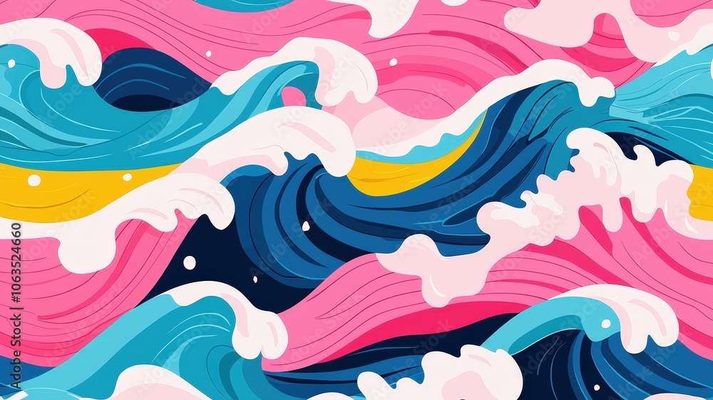 A vibrant, abstract pattern of waves in shades of blue, pink, and yellow, evoking a lively ocean scene. A vibrant, abstract pattern of waves in shades of blue, pink, and yellow, evoking a lively ocean scene.