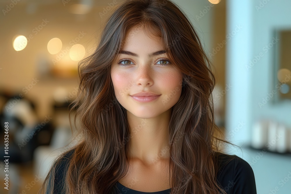 gorgeous young woman with long shiny brown hair showcasing a luxurious beauty treatment conveying a sense of elegance and selfcare in a welllit salon setting gorgeous young woman with long shiny brown hair showcasing a luxurious beauty treatment conveying a sense of elegance and selfcare in a welllit salon setting