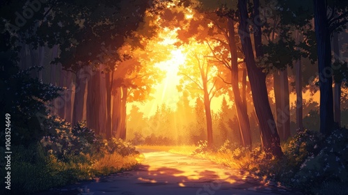 A sunlit path through a forest with trees on either side.