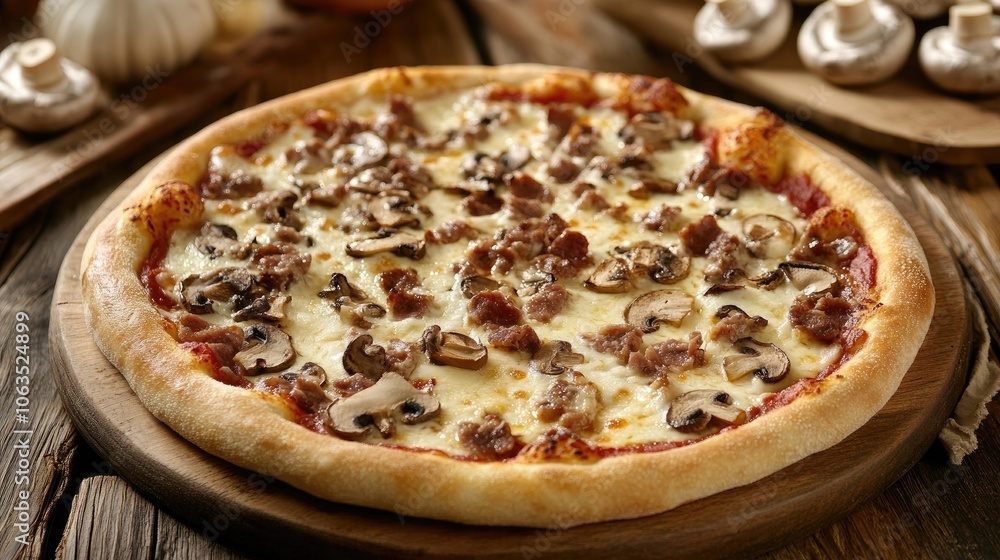 Delicious pizza with cheese, mushrooms, and meat ingredients creates a warm, inviting atmosphere perfect for fall. A mouthwatering pizza image with ample copy space. Delicious pizza with cheese, mushrooms, and meat ingredients creates a warm, inviting atmosphere perfect for fall. A mouthwatering pizza image with ample copy space.