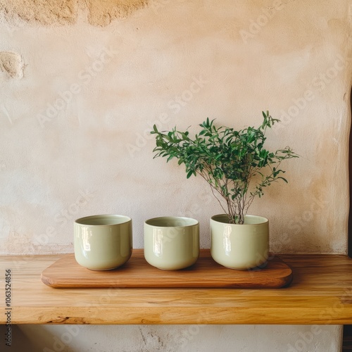 Wallpaper Mural Three green pots with a plant on a wooden tray against a textured wall. Torontodigital.ca