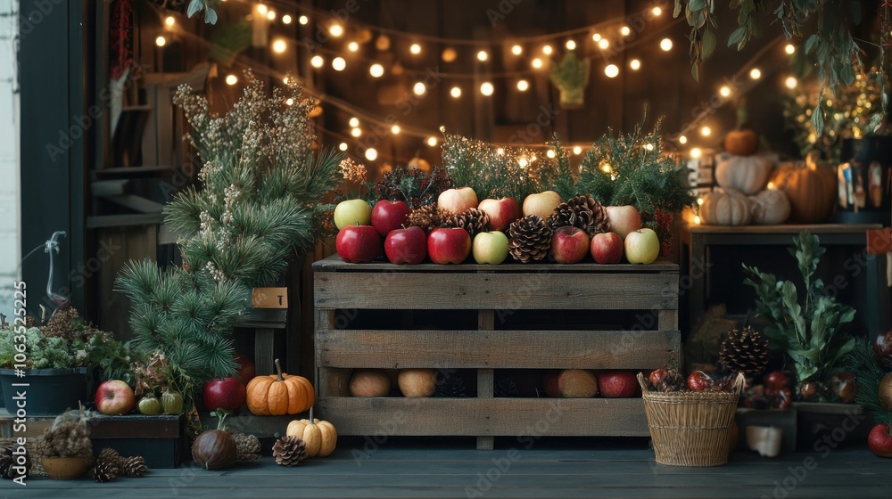 Arrange an Autumn backdrop for a product using a wooden crate filled with seasonal items like apples, pumpkins, and pinecones, with warm string lights illuminating the scene Arrange an Autumn backdrop for a product using a wooden crate filled with seasonal items like apples, pumpkins, and pinecones, with warm string lights illuminating the scene
