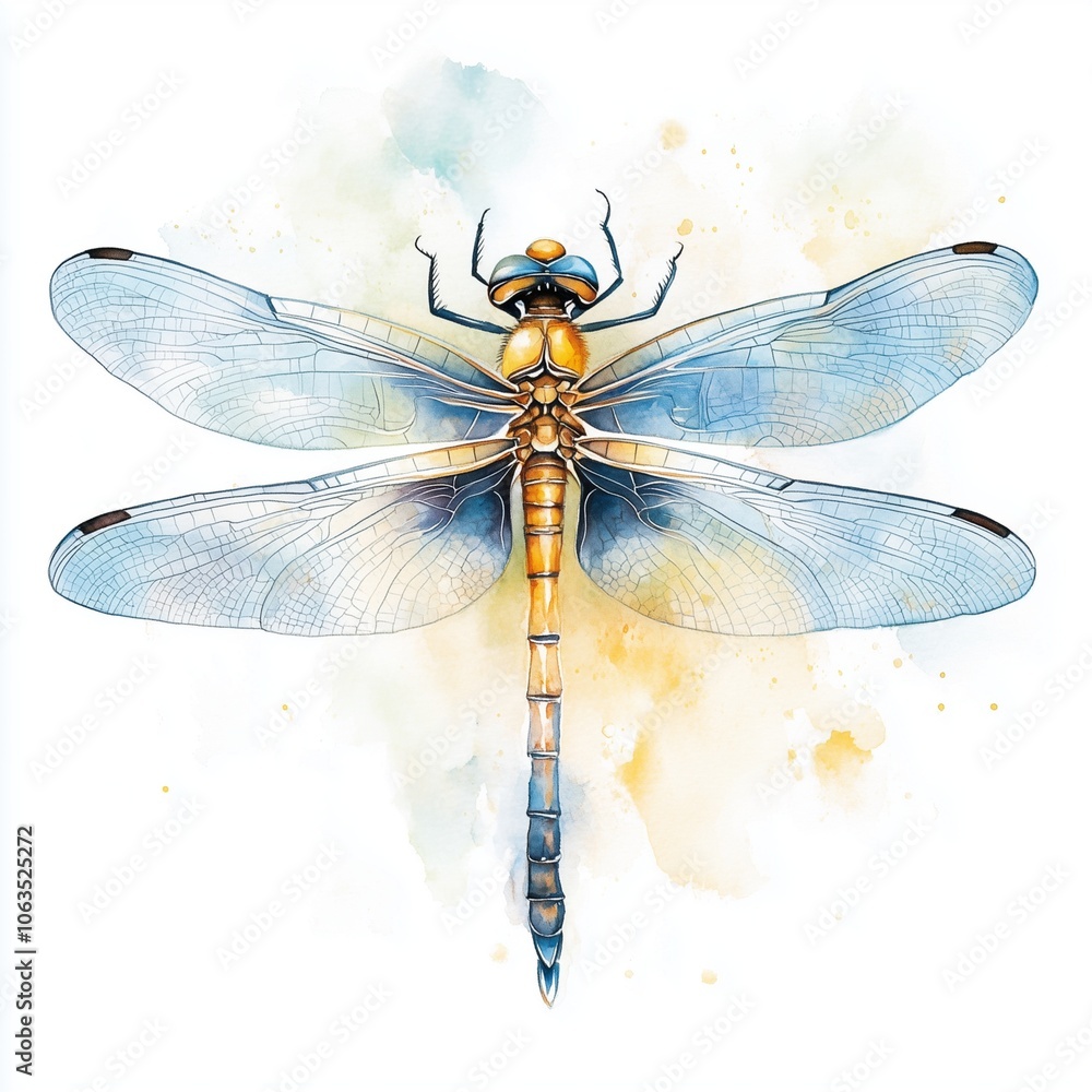 Whimsical watercolor cozy illustration of a dragonfly with translucent blue wings. Whimsical watercolor cozy illustration of a dragonfly with translucent blue wings.