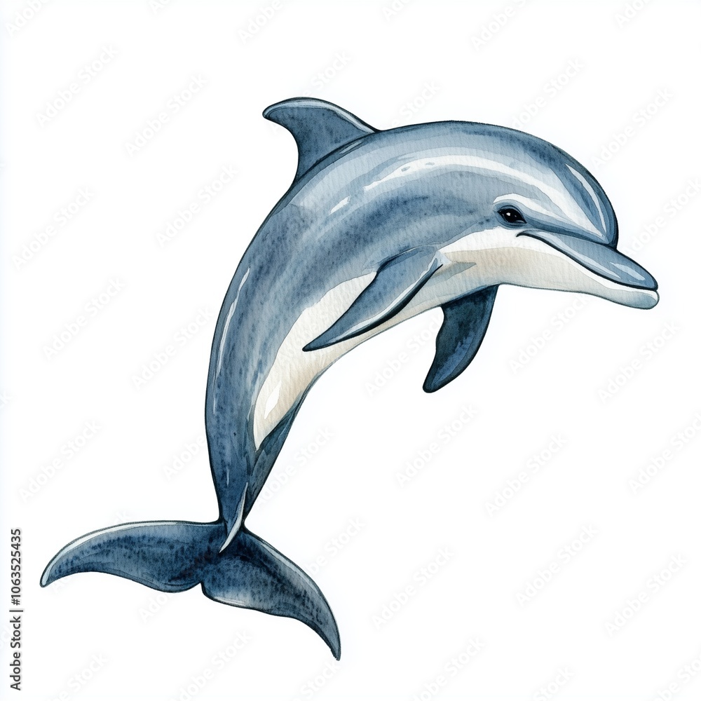 Obraz premium Whimsical watercolor cozy illustration of a playful dolphin jumping.