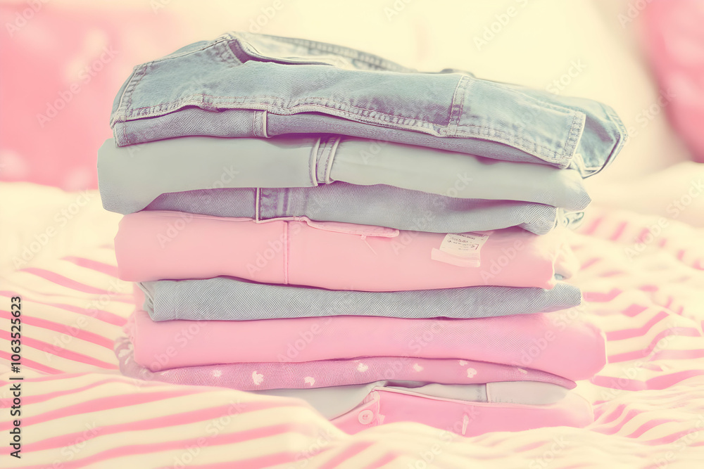 Bedding Set Image - A neatly stacked pile of folded clothing in soft pastel colors on a bed. Bedding Set Image - A neatly stacked pile of folded clothing in soft pastel colors on a bed.