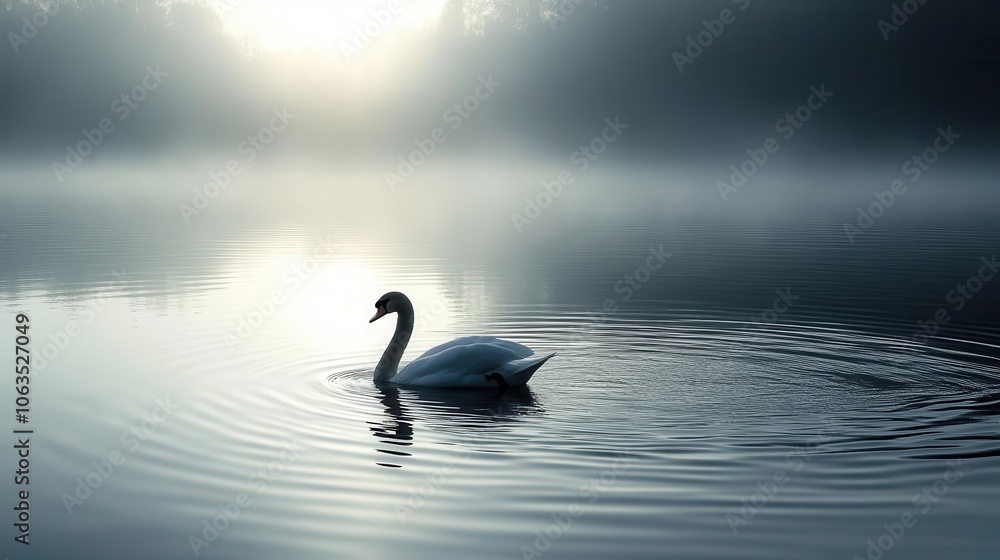 Obraz premium graceful swan gliding on a serene lake ripples forming around it the monochrome palette adds an elegant touch with soft light reflecting off the waters surface for a tranquil scene