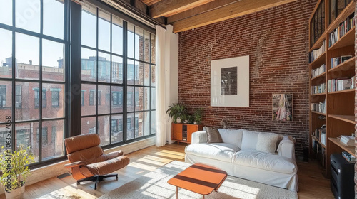 A bright and airy living room features large windows, exposed brick walls, and wooden beams, creating cozy yet modern atmosphere. space is adorned with comfortable sofa, stylish chair, and wooden coff photo