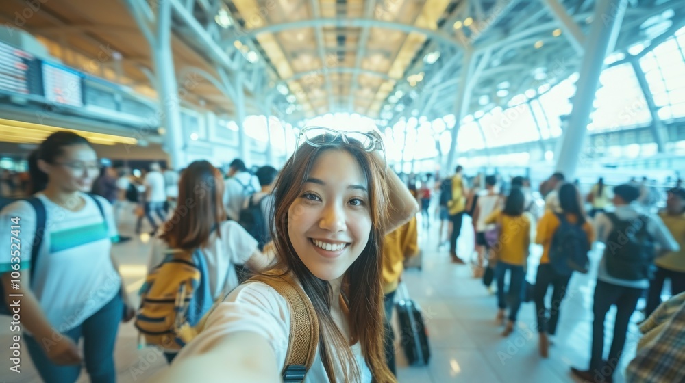 A smiling woman takes a selfie in a busy airport terminal, capturing the lively atmosphere and architectural details. A smiling woman takes a selfie in a busy airport terminal, capturing the lively atmosphere and architectural details.