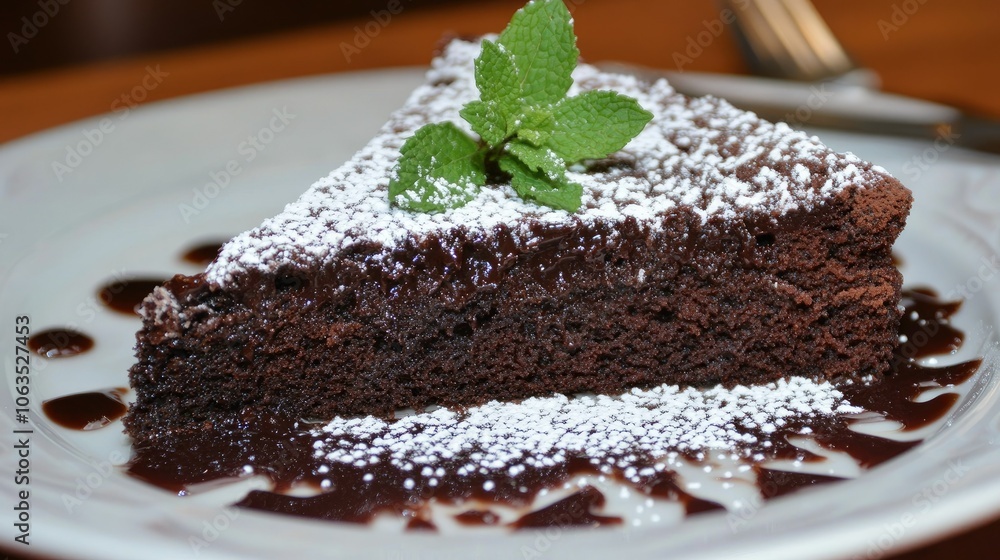Delicious Chocolate Cake Slice with Mint Garnish Delicious Chocolate Cake Slice with Mint Garnish
