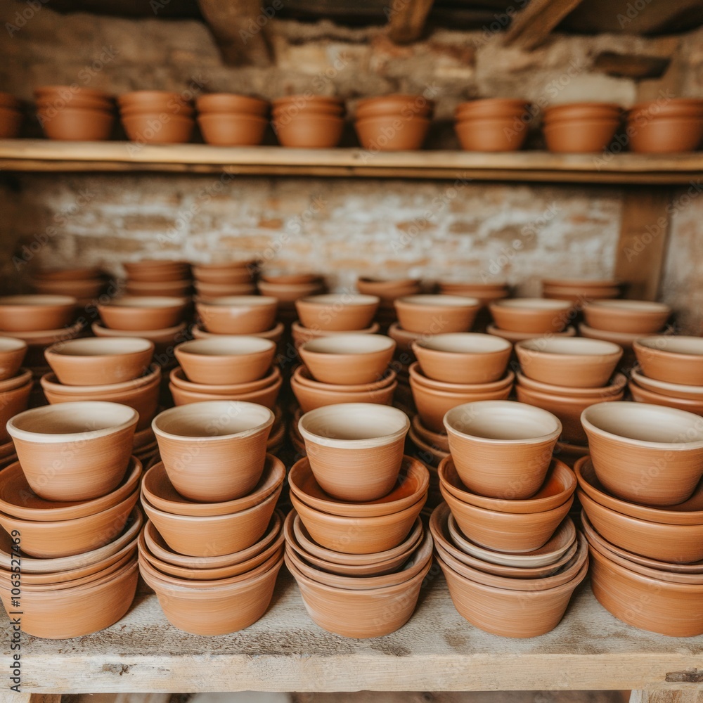 A display of stacked terracotta pots in a workshop. A display of stacked terracotta pots in a workshop.