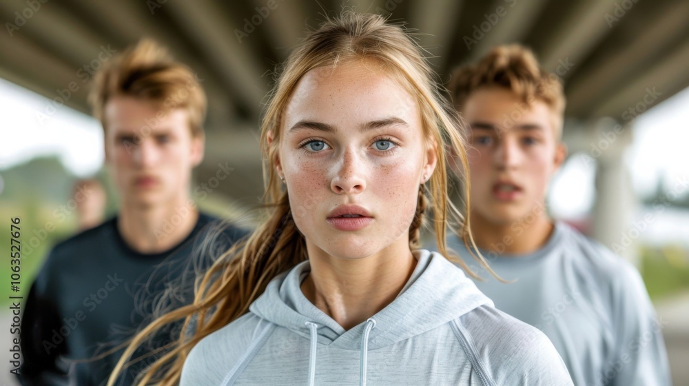 A group of young people, dressed in athletic wear, focus intensely while working out in an urban environment under a bridge. A group of young people, dressed in athletic wear, focus intensely while working out in an urban environment under a bridge.