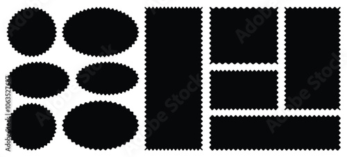 Zigzag edges set. Torn paper, jagged rectangular shape box element set with zigzag edges. Silhouette stickers circle, square, oval and rectangle labels.