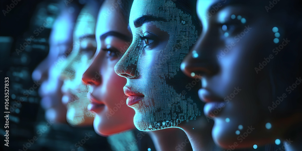Digital interface featuring facial recognition over a diverse group of faces in soft lighting. 4k high quality image Digital interface featuring facial recognition over a diverse group of faces in soft lighting. 4k high quality image