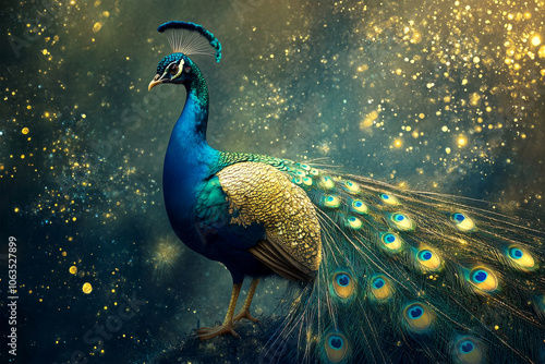 gold peacock in nature forest background.