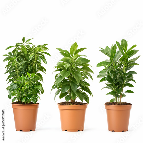 Three potted houseplants on a white background, potted plant, indoor plant, foliage, green, greenery