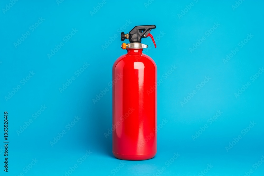 Obraz premium red fire extinguisher, red oxygen cylinder isolated on a blue background. 